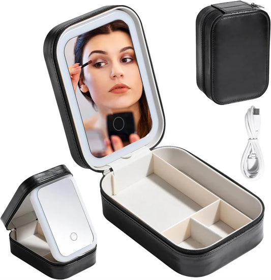 Makeup Tools Storage Case with LED Mirror Small Makeup Bag with Lighted Mirror 3 Colors Adjustable Makeup Mirror Storage Box